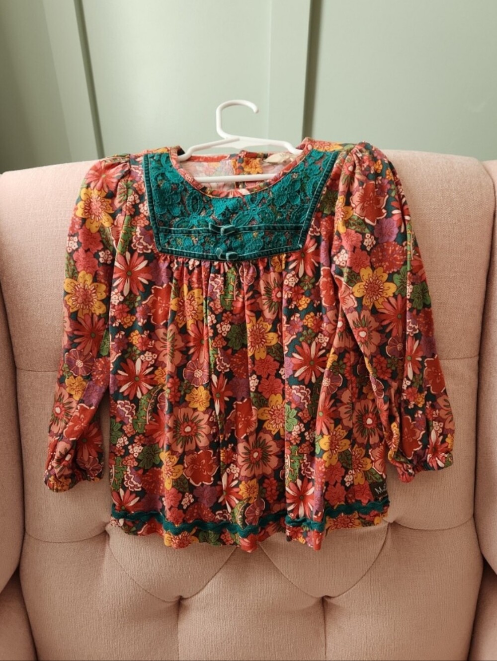 Matilda Jane 4 Or 4t Floral Boho Peasant Top with Teal Yoke Fall Blouse